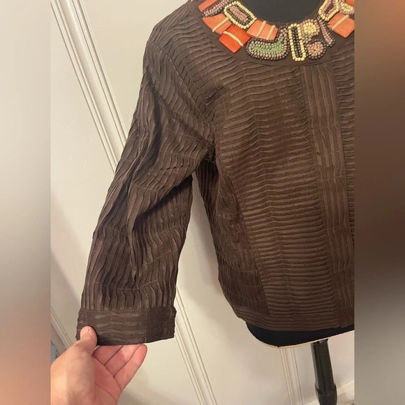 CHICO’S Textured Ribbon Stitch Chocolate Brown Beaded Jacket Size 2 / Medium‎ - Picture 3 of 9